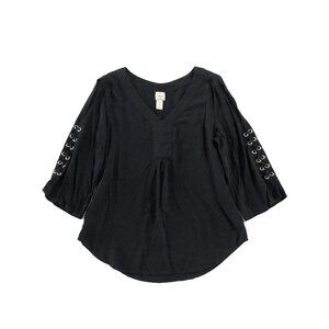 Chico's Blouse Womens 1 Black Lace Up Cold Shoulder ¾ Sleeve Flowy Tunic